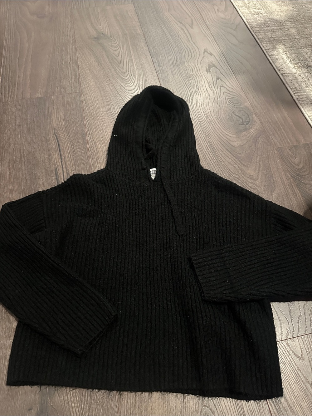 PINK Victoria's Secret Men's Black Ribbed Crewneck Hoodie Sweater